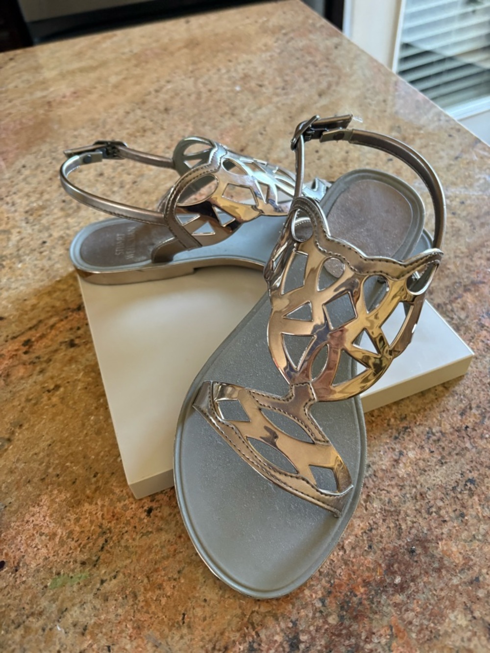 Stuart Weitzman Metallic Silver Cutout Slingback Sandals
